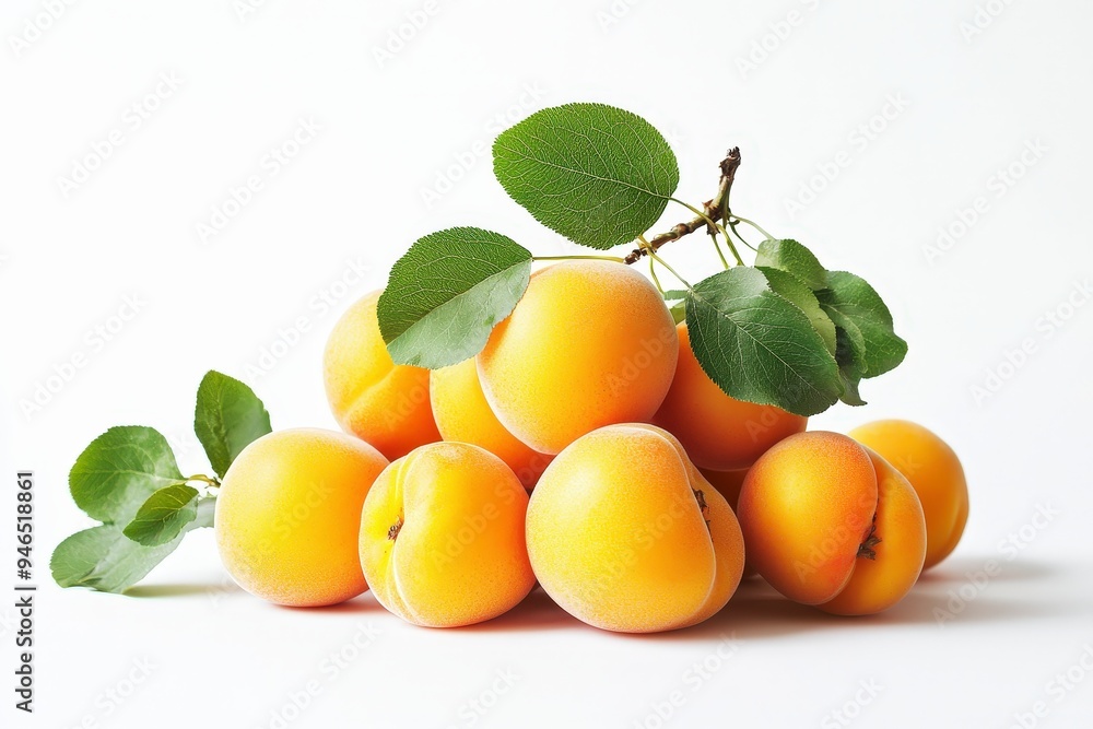 A pile of fresh, ripe apricots with green leaves on a white background. A pile of fresh, ripe apricots with green leaves on a white background.