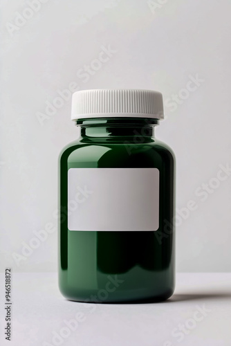 White circular sticker on a green health supplement bottle.