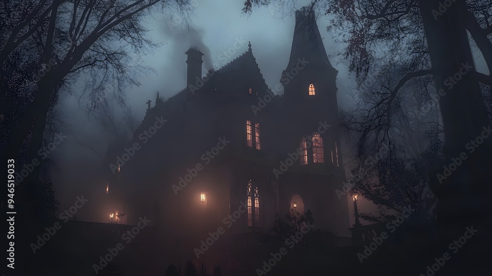 A dark mansion with gothic architecture glowing windows and detailed Halloween decorations shrouded in a misty atmosphere A dark mansion with gothic architecture glowing windows and detailed Halloween decorations shrouded in a misty atmosphere