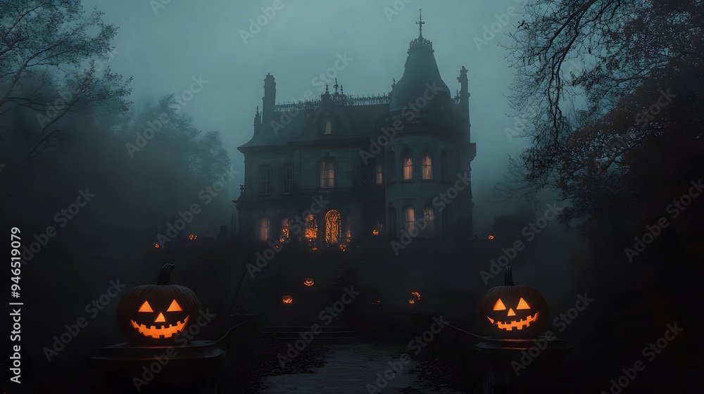 A misty night scene featuring a dark gothic mansion illuminated by high contrast lighting with glowing Halloween decorations A misty night scene featuring a dark gothic mansion illuminated by high contrast lighting with glowing Halloween decorations