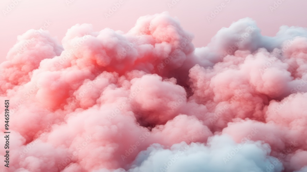 A captivating image showcasing a serene cluster of fluffy pink and white clouds floating against a soft backdrop, evoking a dreamlike, ethereal atmosphere. A captivating image showcasing a serene cluster of fluffy pink and white clouds floating against a soft backdrop, evoking a dreamlike, ethereal atmosphere.