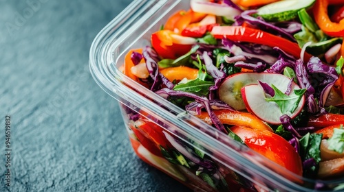 A colorful vegetable salad featuring peppers, cucumber, and leafy greens in a clear plastic container, providing a healthy, ready-to-eat meal option.