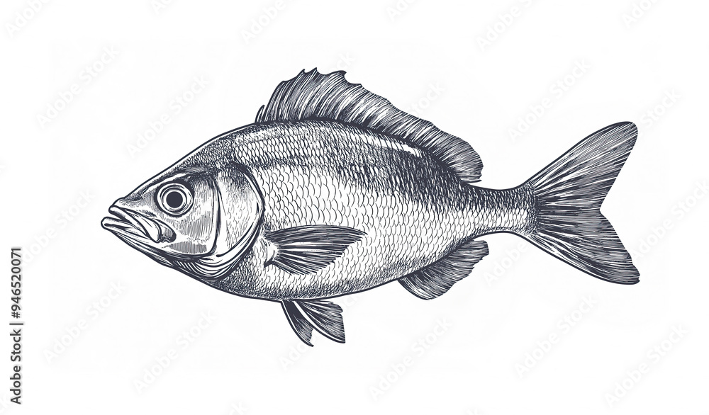 Obraz premium Fish sketch dorado gilt-head bream. Vintage retro print, black white gilt-head bream fish sketch ink pencil style drawing, linear drawing, engrave old school. Sketch artwork dorado fish. Illustration