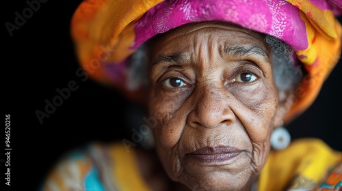 A close-up image of an elderly woman wearing a vibrant orange and pink head wrap, looking directly at the camera with a serious facial expression. photo