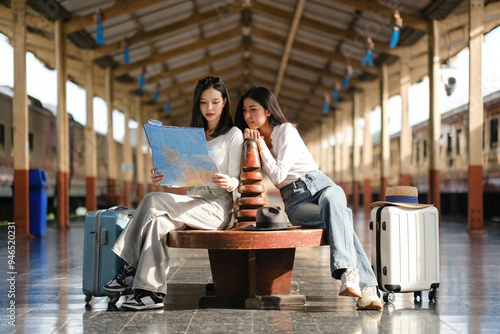 Two women sitting on a bench in a train station, one of them reading a map