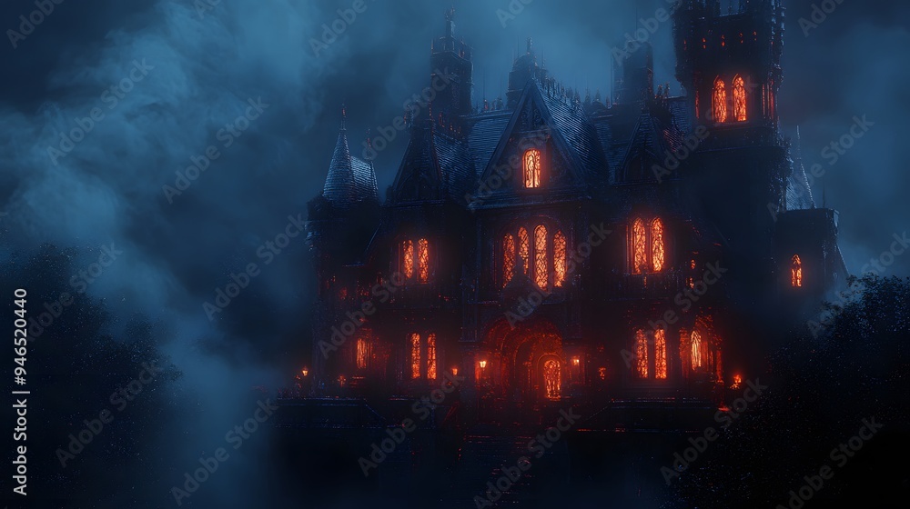 A dark gothic mansion with glowing windows and elaborate Halloween decorations surrounded by a thick mist creating an eerie ambiance A dark gothic mansion with glowing windows and elaborate Halloween decorations surrounded by a thick mist creating an eerie ambiance