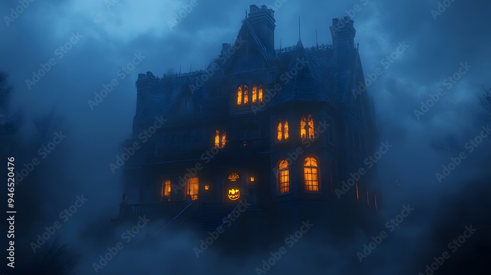 Fototapeta premium A dark gothic mansion with glowing windows and elaborate Halloween decorations surrounded by a thick mist creating an eerie ambiance