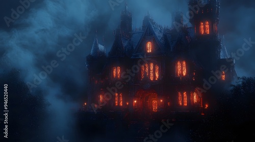 A dark gothic mansion with glowing windows and elaborate Halloween decorations surrounded by a thick mist creating an eerie ambiance