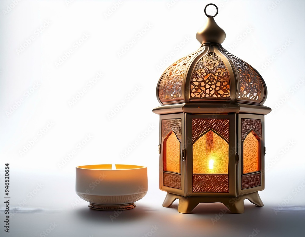 Ornamental Arabic lantern with burning candle glowing at night mosque background. Festive greeting card, invitation for Muslim holy month Ramadan Ornamental Arabic lantern with burning candle glowing at night mosque background. Festive greeting card, invitation for Muslim holy month Ramadan
