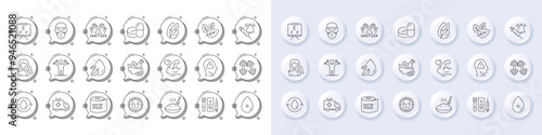 Blood and saliva test, Medical mask and Porridge line icons. White pin 3d buttons, chat bubbles icons. Pack of Dumbbells workout, Strong arm, Vaccine announcement icon. Vector