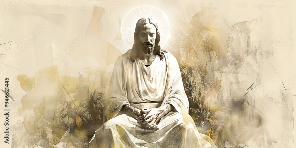 A serene, monochromatic mural of Jesus Christ, surrounded by soft beiges and creams, evoking peace and devotion. A serene, monochromatic mural of Jesus Christ, surrounded by soft beiges and creams, evoking peace and devotion.