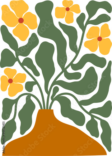 Autumn florals vector illustration. Fall flowers in vase composition. Botanical print in matisse style