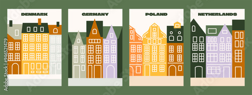 Old town houses vector posters. European historical facades illustrations. Sweden, Germany cities architecture graphic