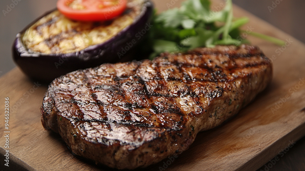 Grilled Ribeye Steak with Charred Vegetables.Close-up. Grilled Ribeye Steak with Charred Vegetables.Close-up.