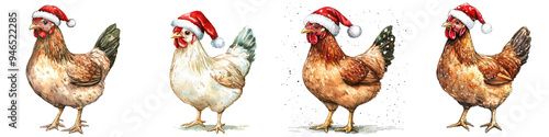 Festive chickens wearing Santa hats, perfect for holiday-themed designs, cards, and decorations. Cheerful and whimsical.