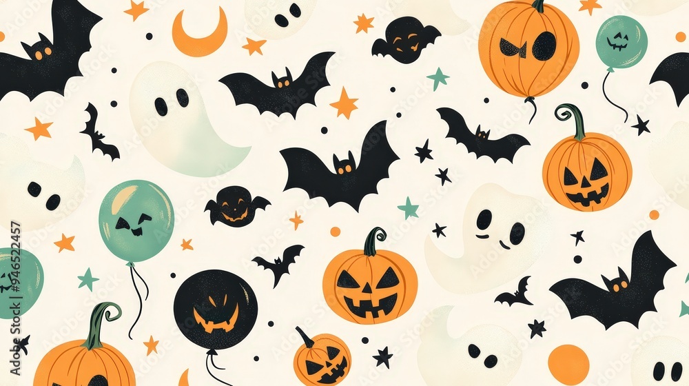 A playful Halloween-themed pattern featuring ghosts, bats, pumpkins, and balloons. A playful Halloween-themed pattern featuring ghosts, bats, pumpkins, and balloons.