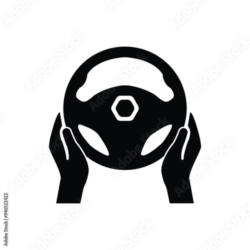 Steering wheel icon. Hands on steering wheel. Driver. Driving car. Test drive. Vector icon isolated on white background.