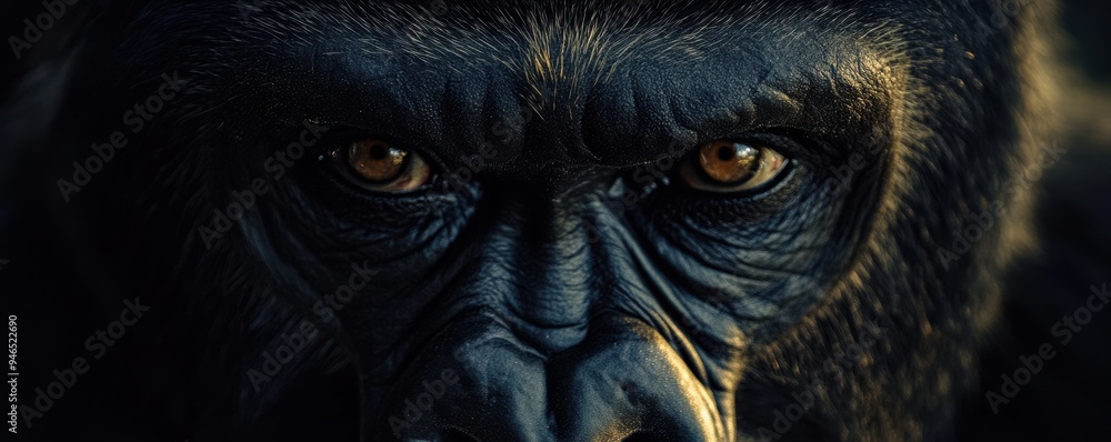Close-up of a gorilla's face with intense gaze showing deep intelligence and strength in its eyes during twilight in a jungle setting Close-up of a gorilla's face with intense gaze showing deep intelligence and strength in its eyes during twilight in a jungle setting