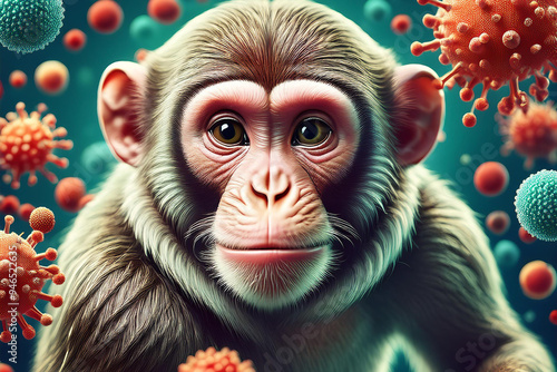 A monkey surrounded by realistic magnified models of virus cells, large and small. Diseases transmitted from primates. Virus-borne infectious diseases concept.  photo