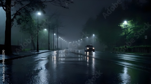 Rainy road at Night with Thick Fog and Soft Streetlight Reflections