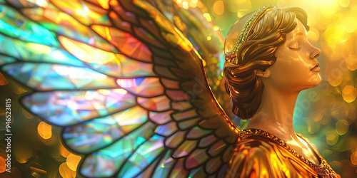 A close-up of a stained-glass angel, its iridescent colors reflecting light, creating an ethereal atmosphere.