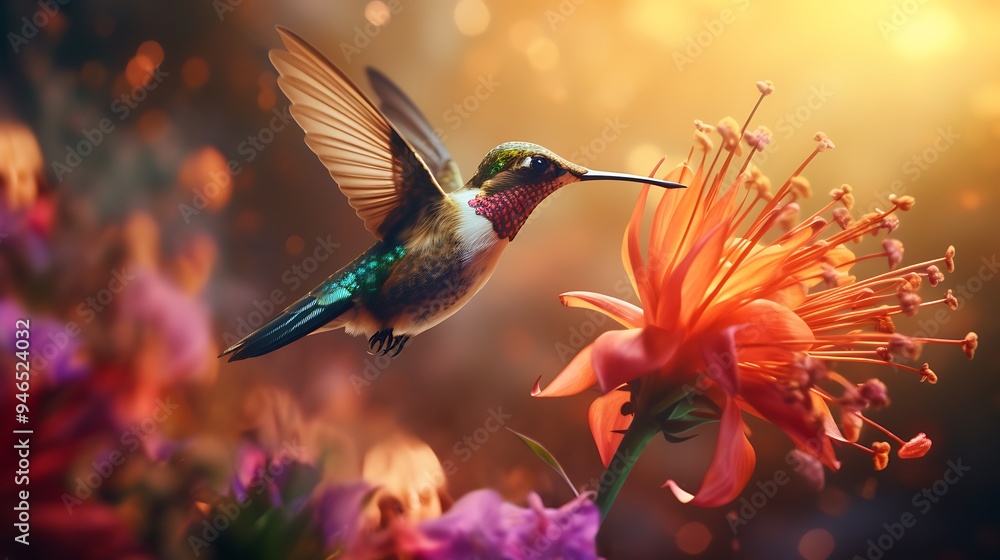 A dynamic shot featuring a hummingbird in mid-flight, engaged in the act of feeding on a blooming flower, presented in breathtaking A dynamic shot featuring a hummingbird in mid-flight, engaged in the act of feeding on a blooming flower, presented in breathtaking