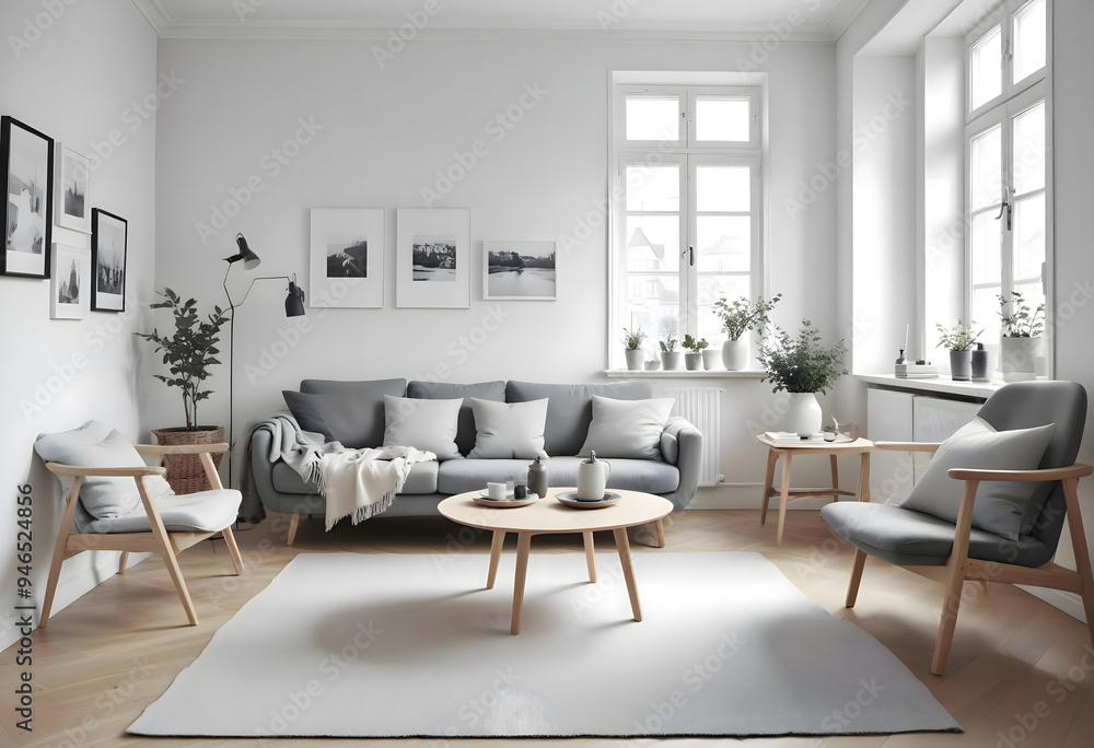 Fototapeta premium Modern, minimalist living room interior design with blank wall, wall mockup, frame mockup 