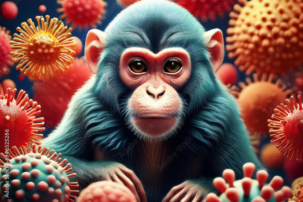 A monkey surrounded by realistic magnified models of virus cells, large and small. Diseases transmitted from primates. Virus-borne infectious diseases concept. A monkey surrounded by realistic magnified models of virus cells, large and small. Diseases transmitted from primates. Virus-borne infectious diseases concept.