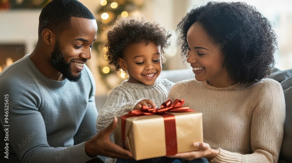 A family shares a delightful moment as parents present a wrapped gift to their happy child in a cozy living room filled with holiday cheer A family shares a delightful moment as parents present a wrapped gift to their happy child in a cozy living room filled with holiday cheer