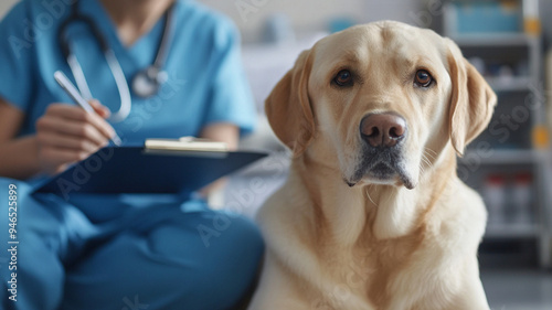 veterinarian checking health of labrador retriever dog in animal hospital