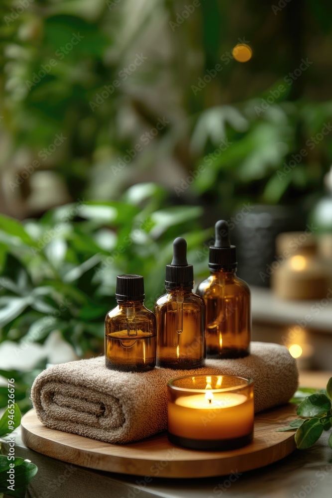 Three bottles of essential oils are displayed on a wooden tray next to a candle Three bottles of essential oils are displayed on a wooden tray next to a candle