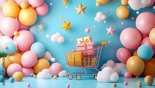 3D render of a shopping cart with products on a background made from colorful pastel balloons and stars. Concept for advertising, a banner. photo