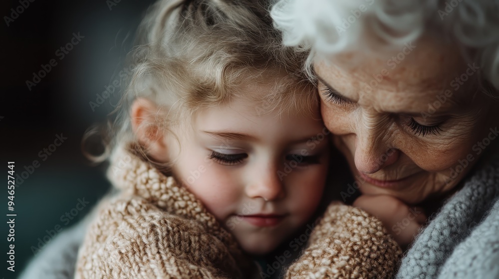 An old woman and a young girl with light hair share a tender embrace, their cozy sweaters adding to the warmth of this intimate and loving moment, captured beautifully. An old woman and a young girl with light hair share a tender embrace, their cozy sweaters adding to the warmth of this intimate and loving moment, captured beautifully.