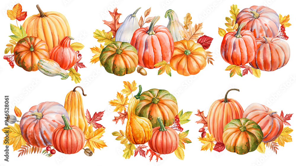 Fall composition. Pumpkin, autumn leaves isolated watercolor illustration for postcard, poster design. Vegetable pumpkin Fall composition. Pumpkin, autumn leaves isolated watercolor illustration for postcard, poster design. Vegetable pumpkin