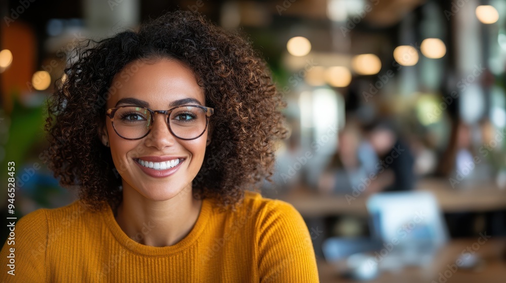A cheerful woman with curly hair and glasses, smiling in a casual setting. The background features a blurred cafe environment, suggesting relaxation and comfort. A cheerful woman with curly hair and glasses, smiling in a casual setting. The background features a blurred cafe environment, suggesting relaxation and comfort.