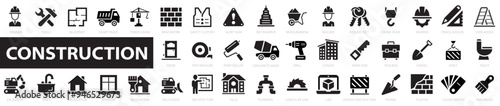 Construction flat icons set. Bulldozer, engineer, excavator, foundation, renovation, builder, construction vehicle, elements, tools and more. Vector illustration