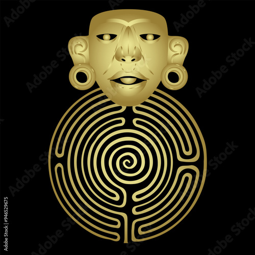 Mayan mask on a round spiral maze or labyrinth symbol. Creative concept. Quest for El Dorado. Mystery of Pre-Columbian culture. Glossy black and gold silhouette.