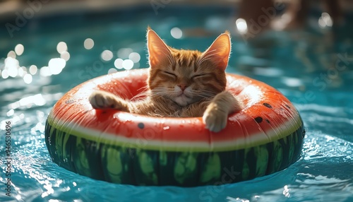 Cat lounging in a watermelonshaped float in a pool, a playful and summerthemed scene photo