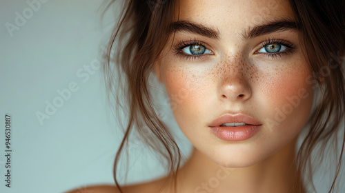 Closeup portrait of a woman with flawless skin, soft lighting, minimalist background