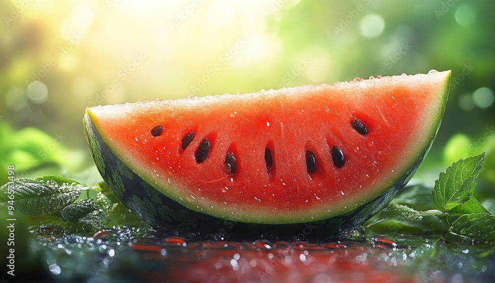 Fresh watermelon slice with droplets, vibrant and mouthwatering Fresh watermelon slice with droplets, vibrant and mouthwatering