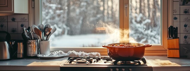 A cozy kitchen in winter with steaming pot on the stove and snow-covered landscape outside the window during afternoon light