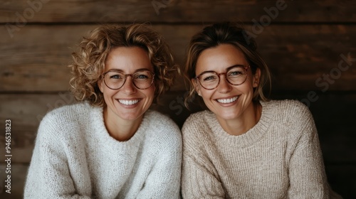 Two women, both wearing glasses and cozy sweaters, smile warmly at the camera. The image captures a moment of friendship and shared happiness in a comforting setting.