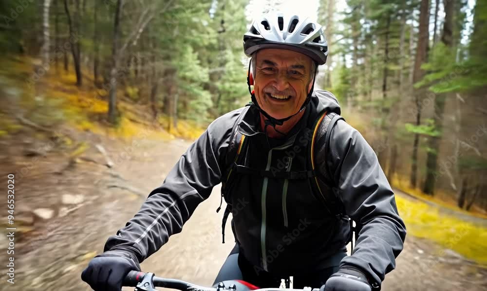 Portrait of a senior man riding mountain bike in the forest. Portrait of a senior man riding mountain bike in the forest.