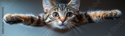 Playful cat midleap with an excited expression, reaching out, light gray background photo