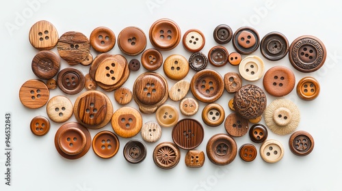 A white background adorned with an assortment of wooden buttons of various sizes, ranging from petite to substantial. 