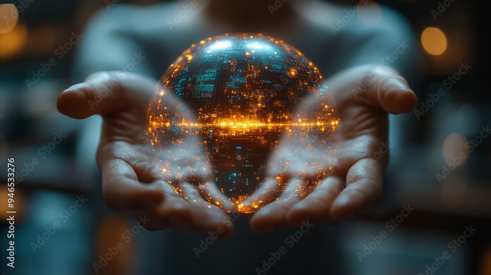 Fototapeta premium Holographic projections of future financial trends emerge from a person's hands, illustrating data visualization and advanced technology exploration.