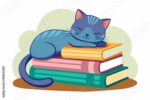 Cat sleeps on stacks of books, watercolor clipart illustration with isolated background.
