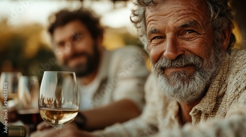 An elderly man with a beard happily enjoys wine outdoors, symbolizing relaxation, joy, and the beauty of social moments in a serene and natural setting.