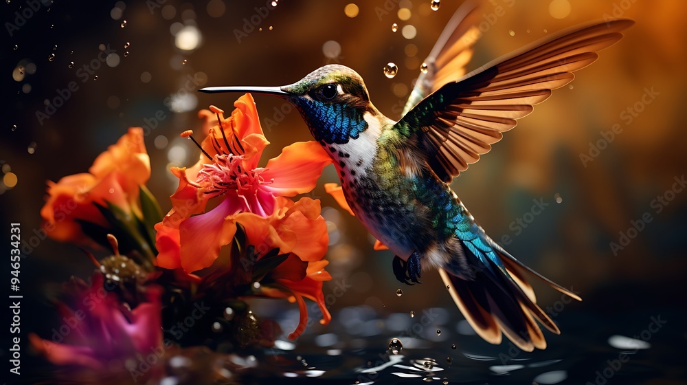 Obraz premium An artful portrayal of a hummingbird in the act of feeding, displaying the graceful movement and vivid colors, rendered in high-definition