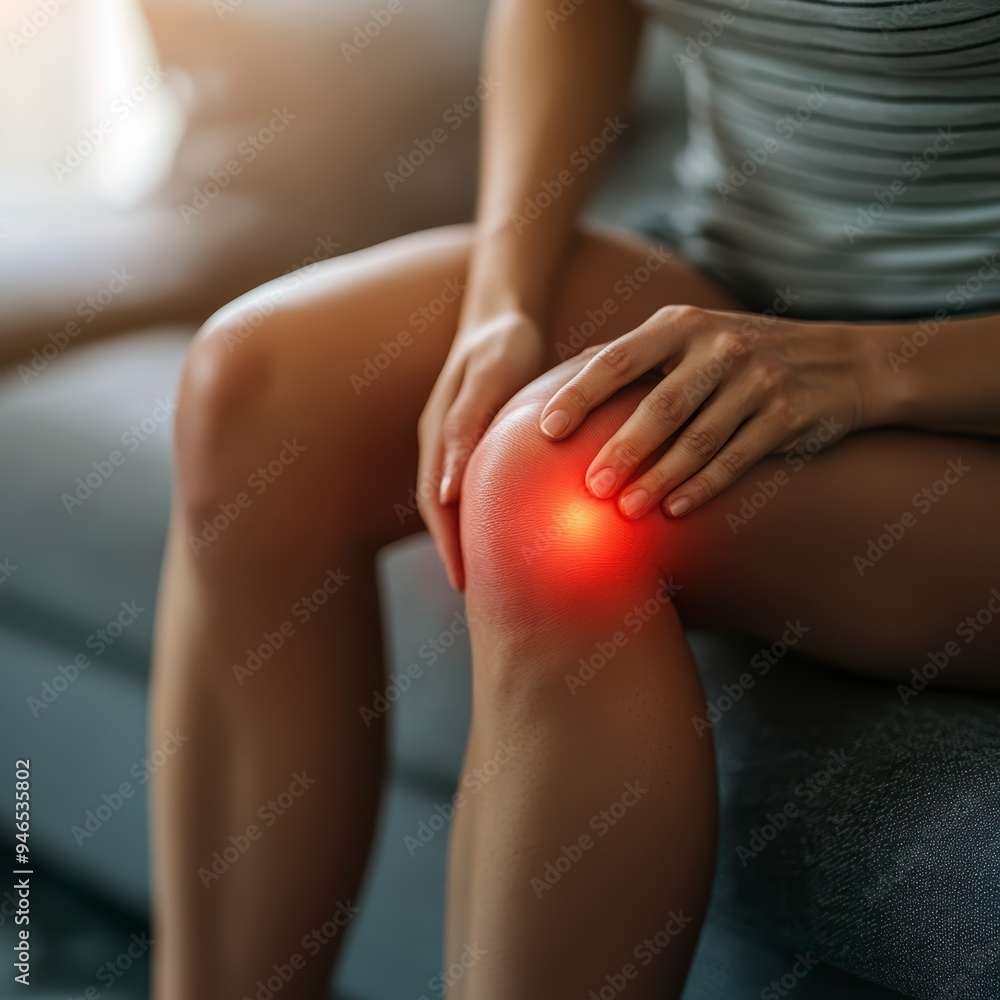 custom made wallpaper toronto digitalA young woman holds onto her sore knee while sitting on the couch. The red areas indicate injury.